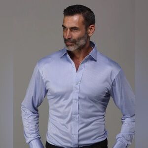 Collars & Co. Quattro Flex Dress Shirt Men's Size Medium Regent Blue Stripe NWT